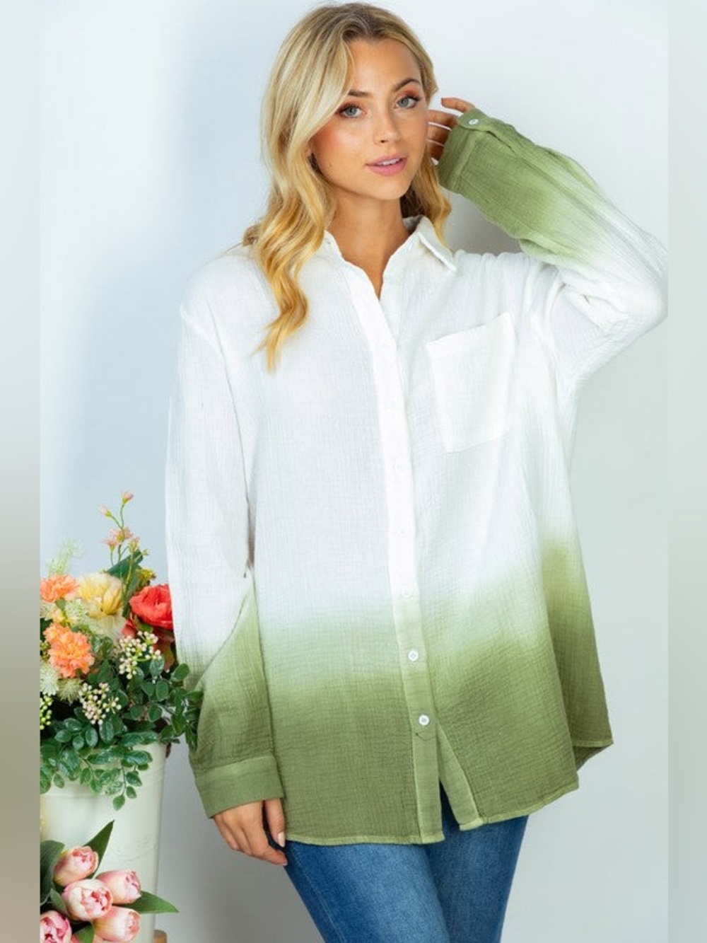White Birch Plus Size 1XL/2XL Olive Green Ombre Gauze Button-Up Shirt NWOT